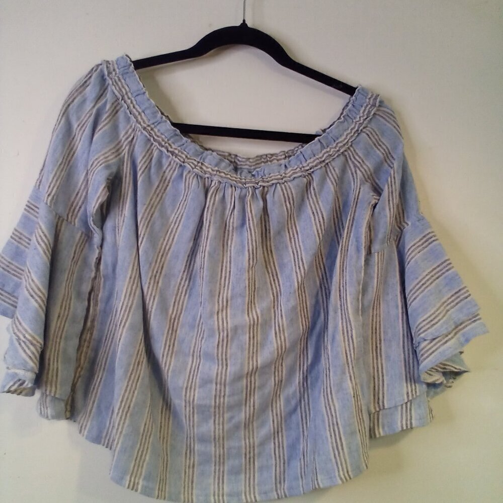 Lucky Brand Shirt Women S Half Bell Sleeve Off Shoulder Stripe Blue